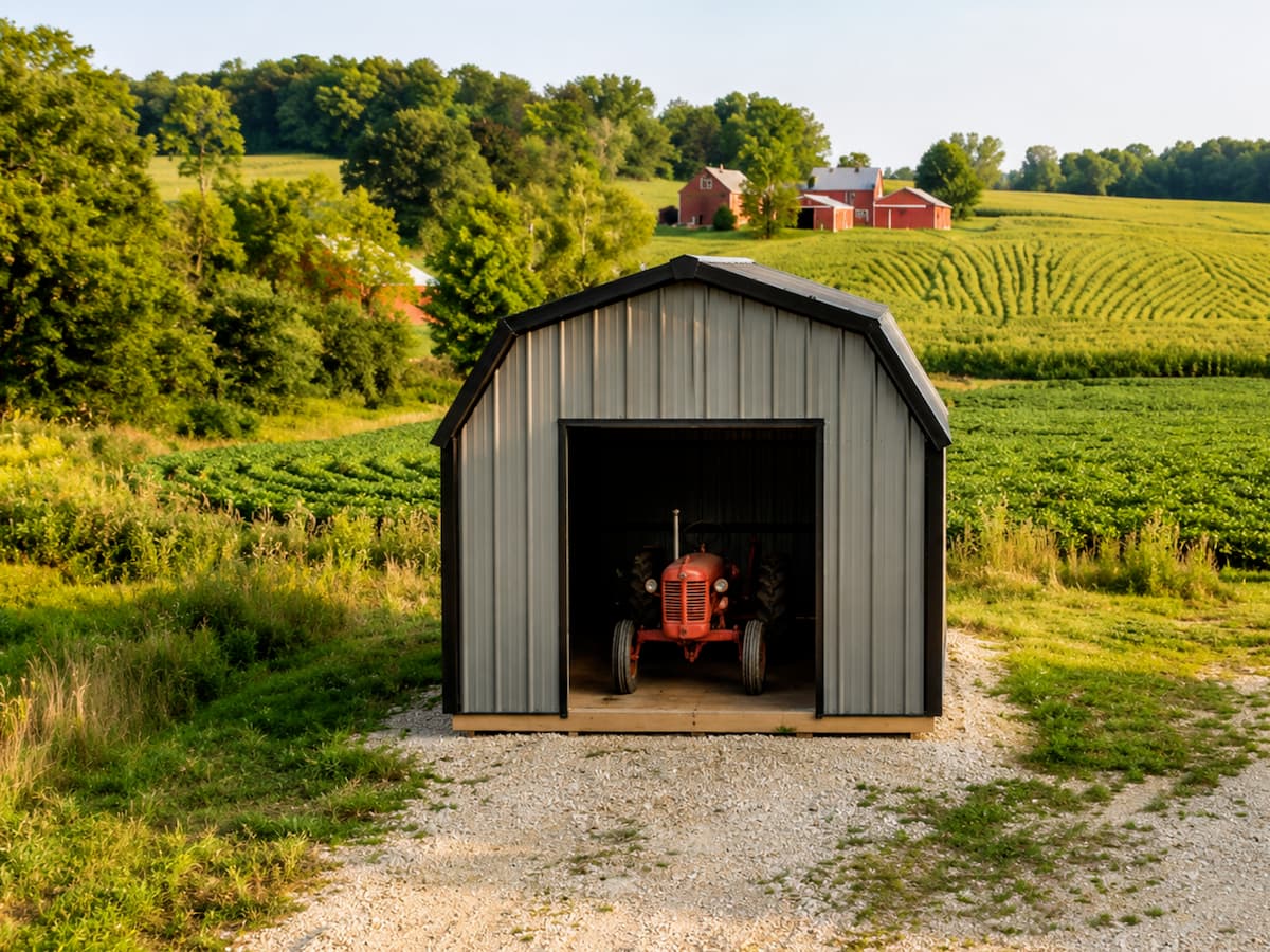 Gray Lofted Garage with open roll-up door and tractor inside, on rural farm