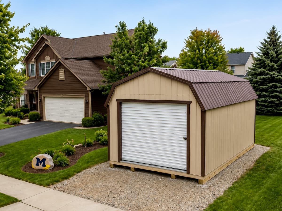 Lofted Garage with tan siding and brown gambrel roof in residential driveway
