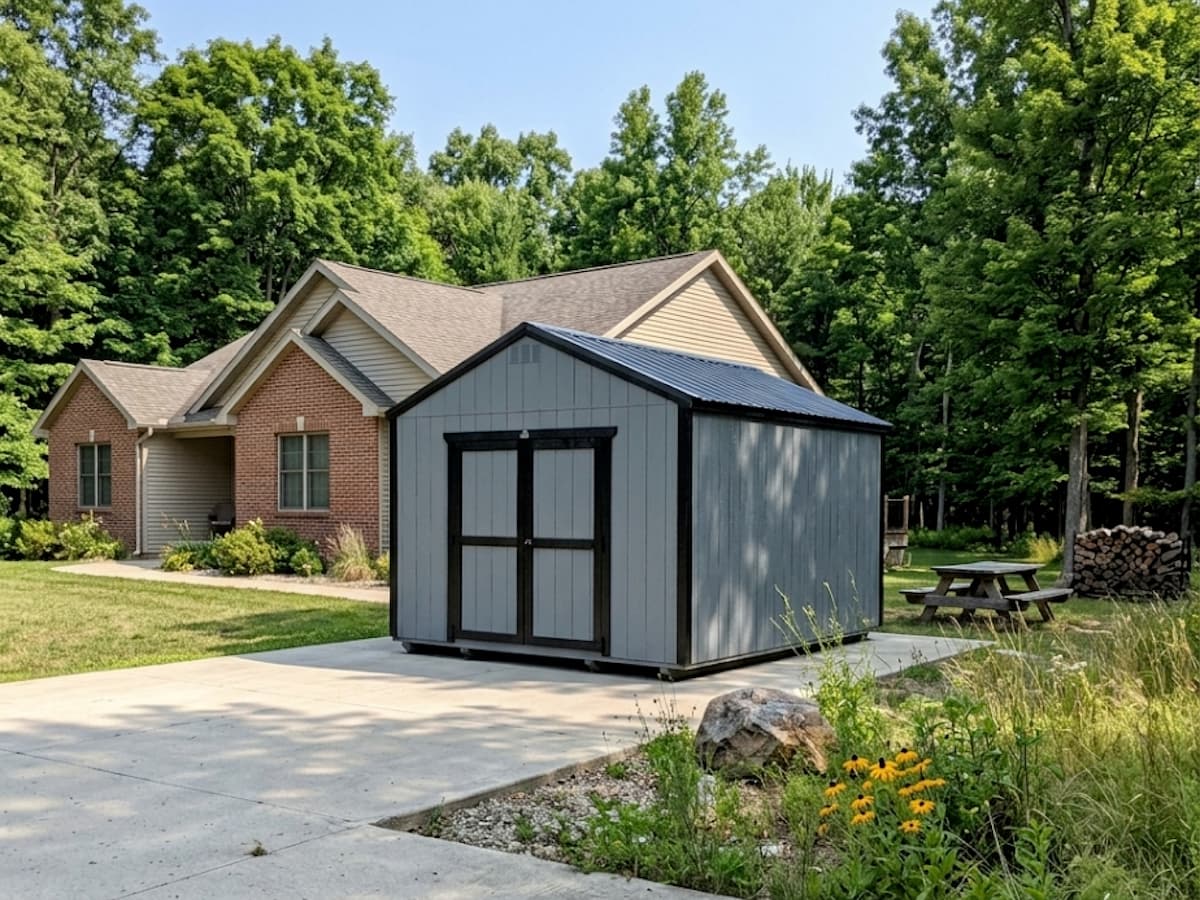 Gray Classic shed with black trim and metal roof on a driveway beside a brick home