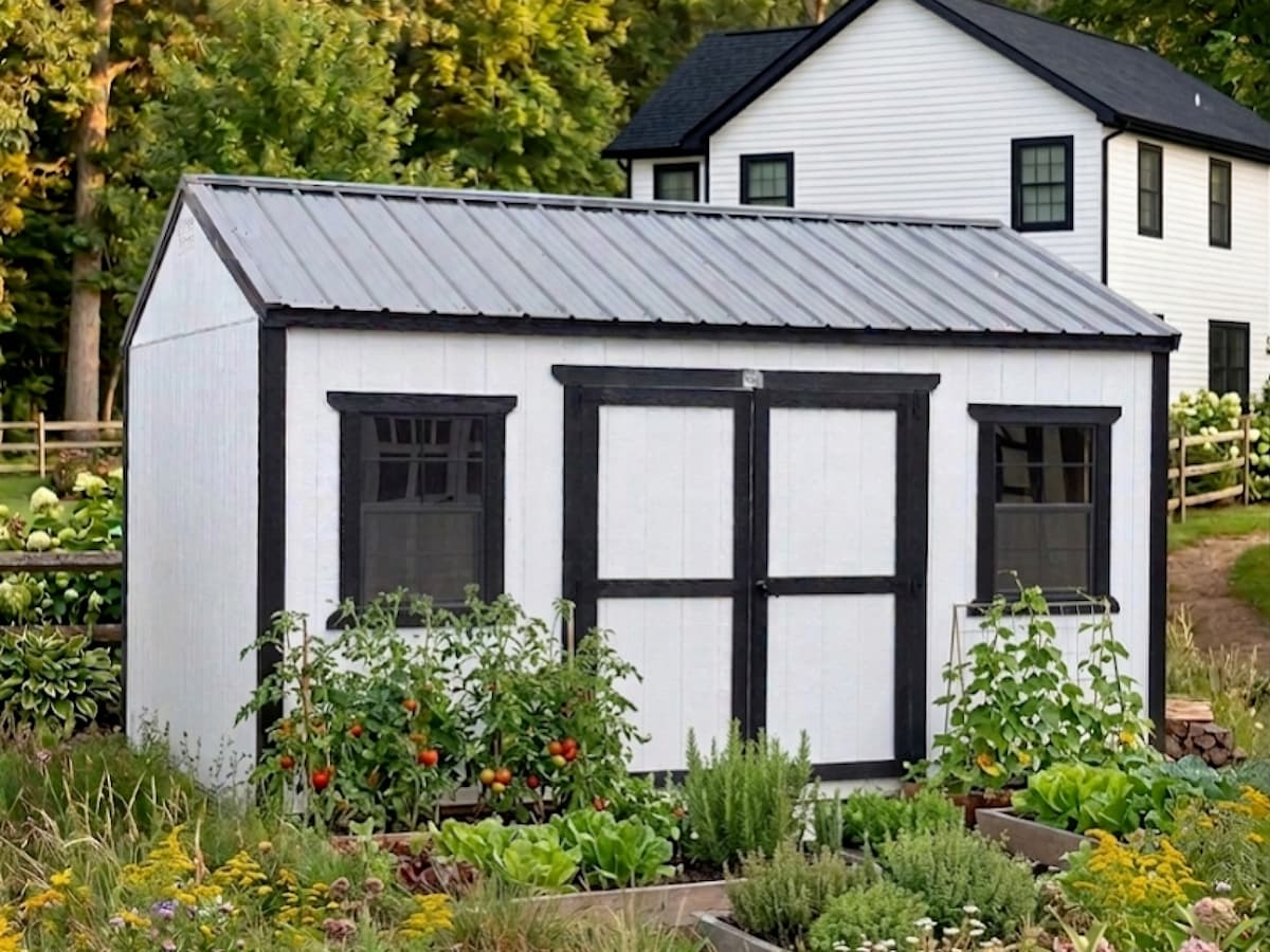 White Classic shed with black trim and metal roof in a vegetable garden
