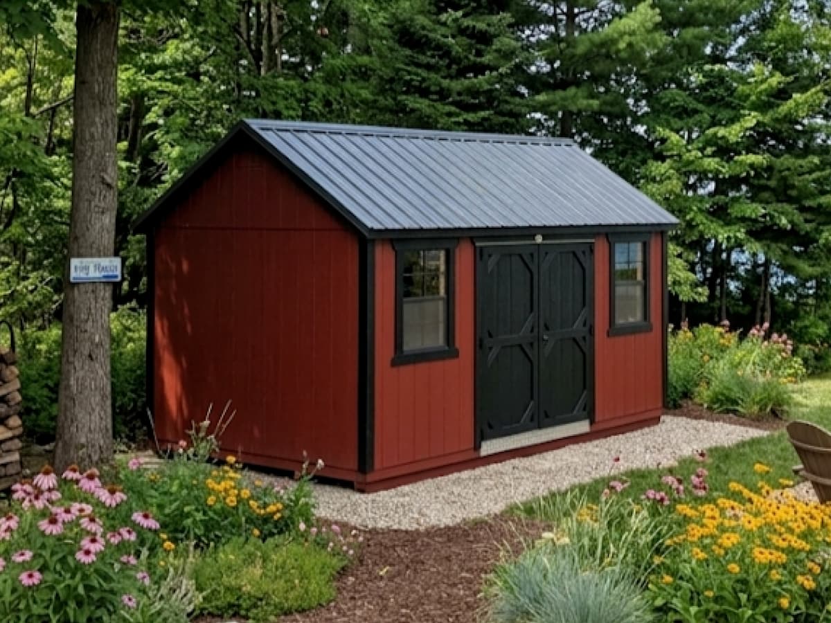 Red Garden Shed with black trim and metal roof in a wildflower garden