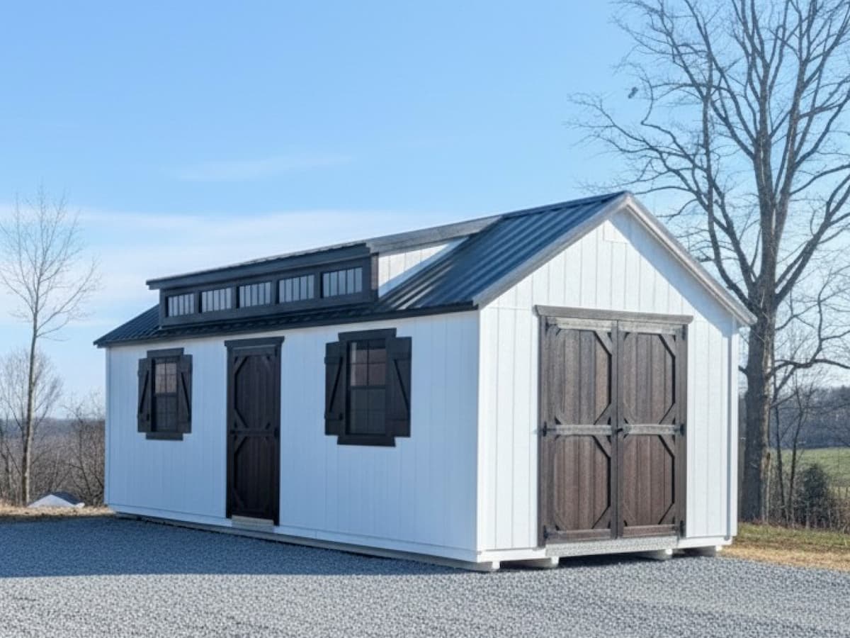 White Garden Shed with dormer, black shutters, and wood double doors