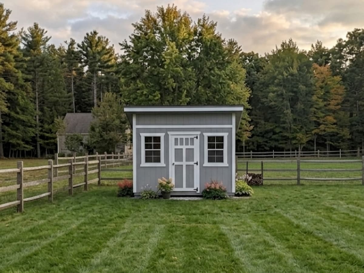 Light gray Studio shed with white trim used as a backyard retreat